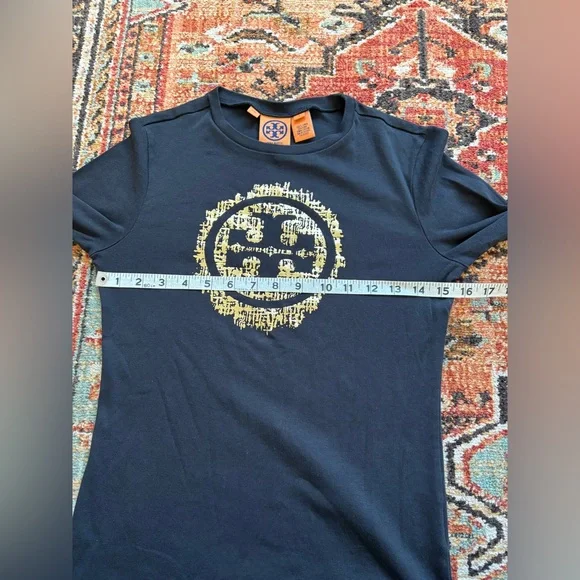 Tory Burch Black Long Sleeve Top Gold Metallic Logo 100% Cotton Small - Picture 8 of 9